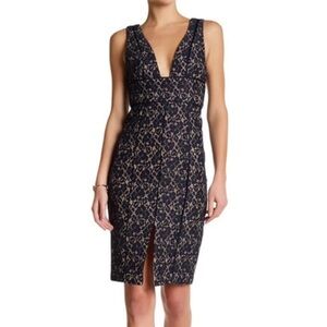 KEEPSAKE the Label Navy Lace with Neutral Lining. Sleeveless, Front Slit. Plunge